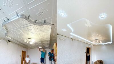 Натяжной потолок в гостиной – до и после! Работа компании «Репа»