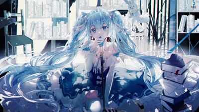 Аниме девушка Hatsune Miku в синем платье в библиотеке - живые обои для Wallpaper Engine