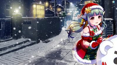 Аниме девушка на улице города в костюме Санты - живые обои для Wallpaper Engine