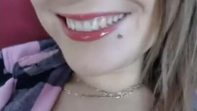 Girl playing with fake cum in her mouth