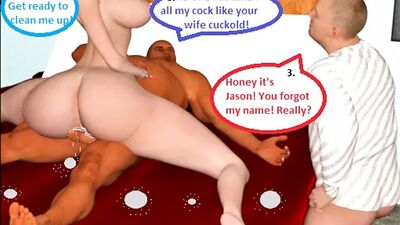 3D комикс: шлюшка-жена приглашает босса наблюдать за куколдом дома, часть 3