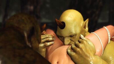 Секс втроем с красивой горячей феей и двумя орками в ночном лесу