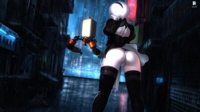 Девушка 2B из Nier Automata в ночном городе - живые обои для Wallpaper Engine